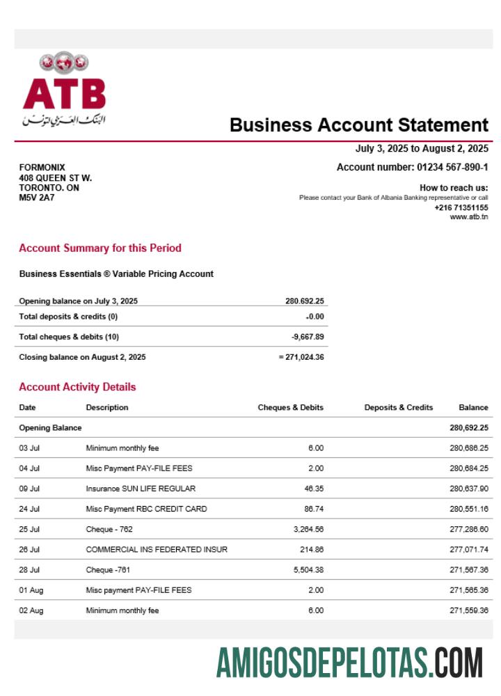 Realista Tunisino Organização ATB Extrato de Conta Corrente Modelo Word e PDF